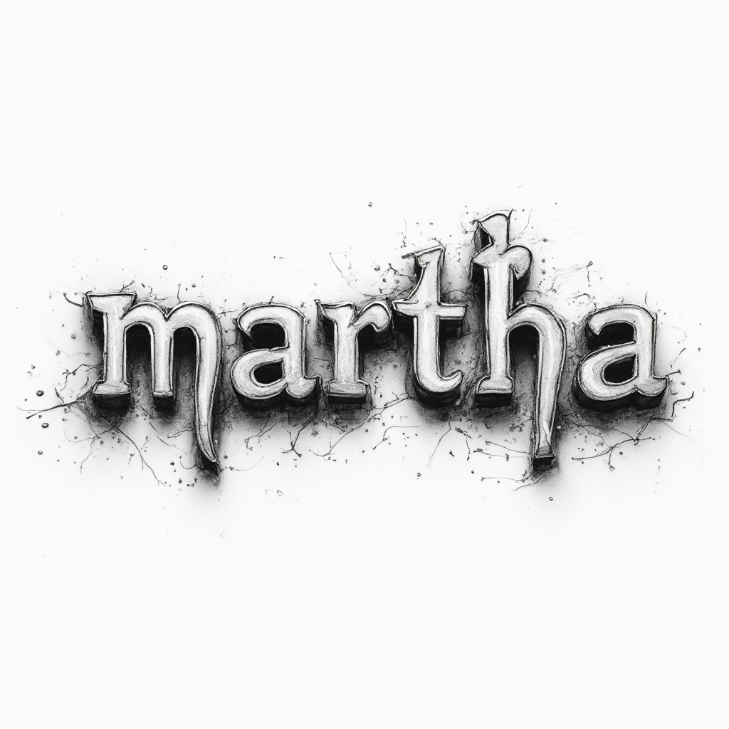 Dimensional tattoo concept where the name martha appears as bold interlocking letters with depth and shading on a white background.