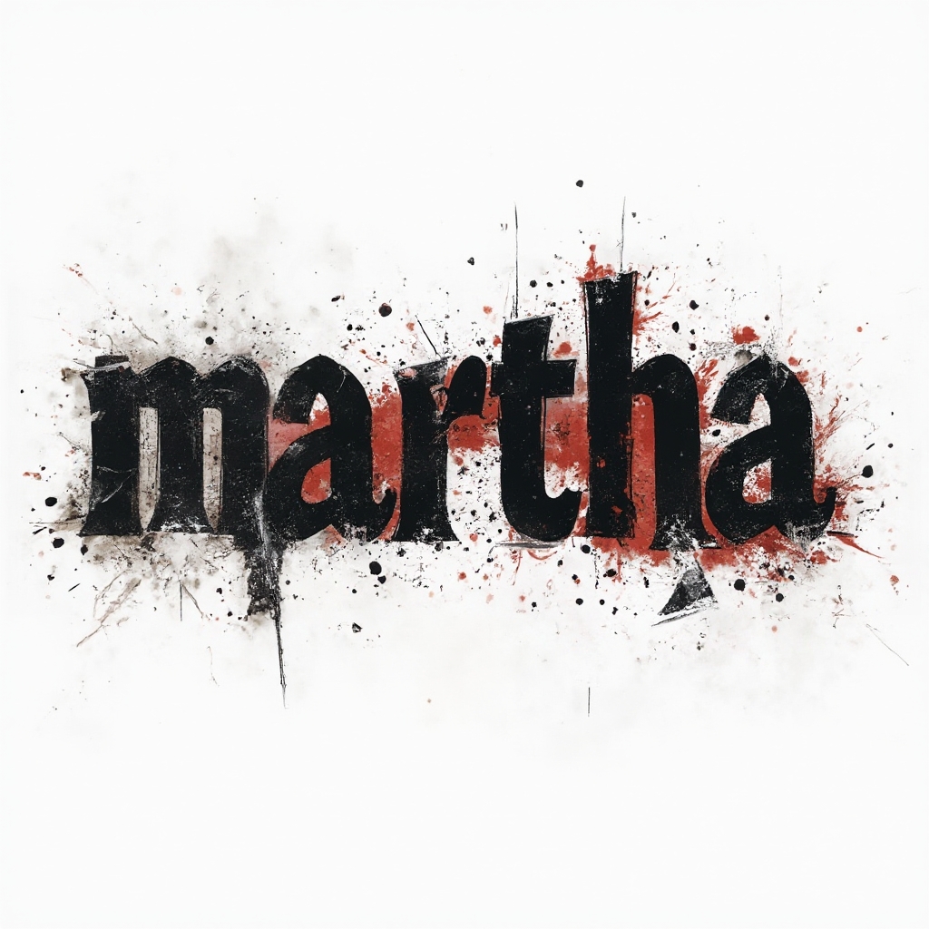Trash Polka tattoo concept where the name martha is built from distressed black and red graphic lettering fragments on a white background.