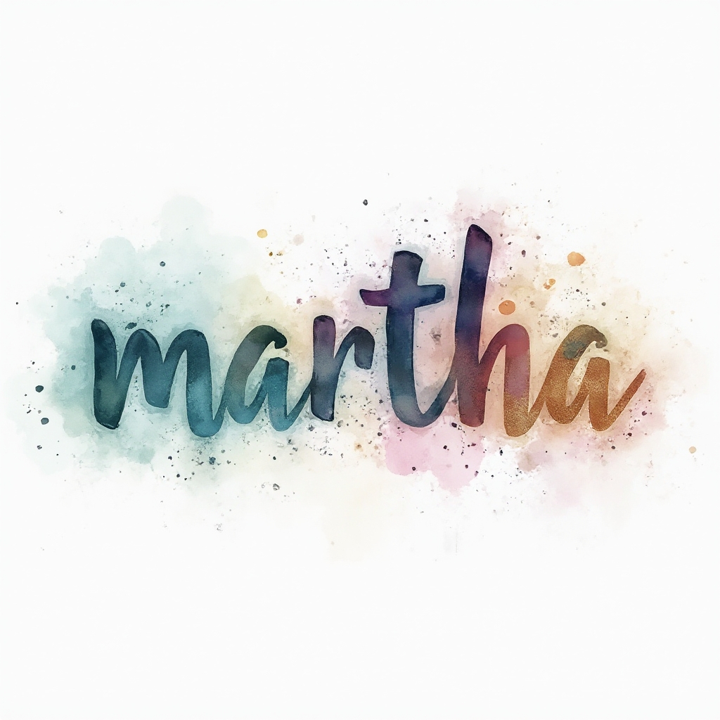 Watercolor tattoo concept where the name martha is formed by flowing brushstroke-style letters with colorful splashes on a white background.