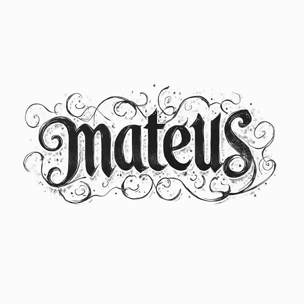 Monochrome ornamental tattoo concept of the name mateus in flowing stylized lettering on a white background