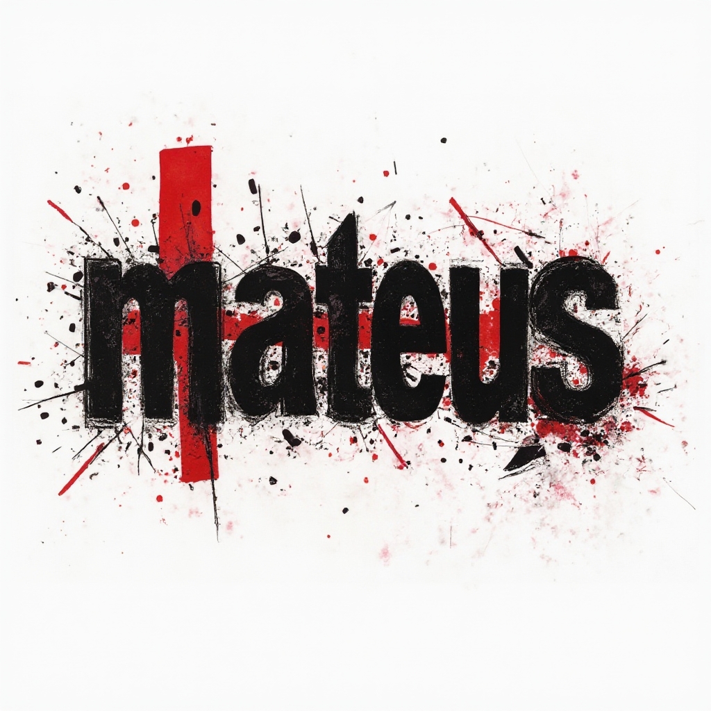 Trash Polka style tattoo concept of the name mateus in bold black letters with red splashes on a white background