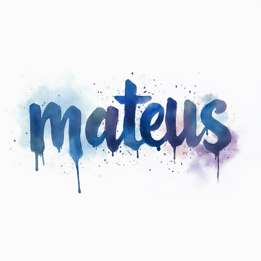 Watercolor-style tattoo concept of the name mateus in colorful flowing brushstroke letters on a white background