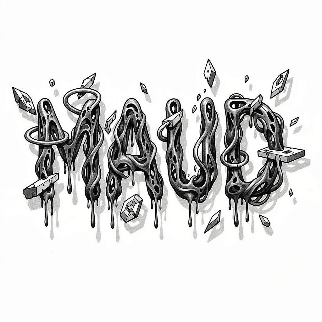 Surrealist black and grey tattoo design of the name Maud