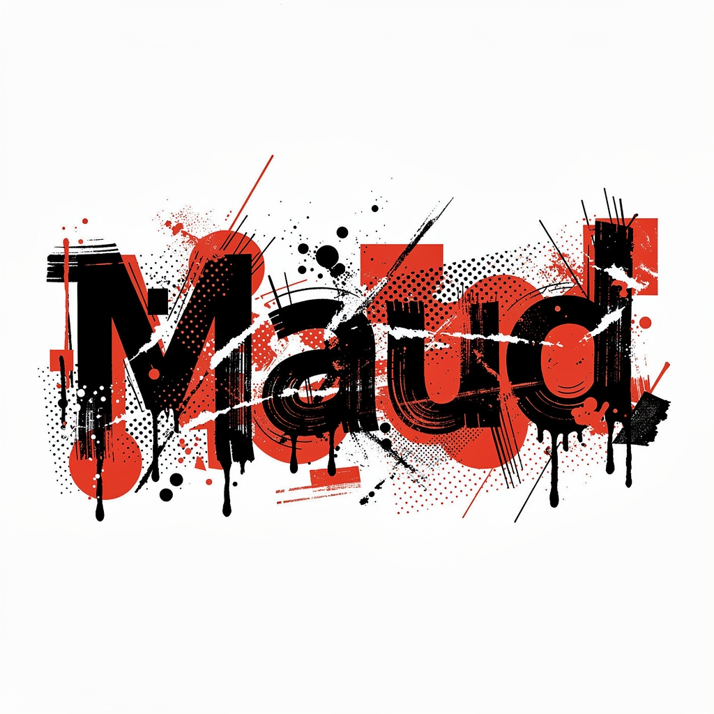 Trash Polka style tattoo design of the name Maud in red and black