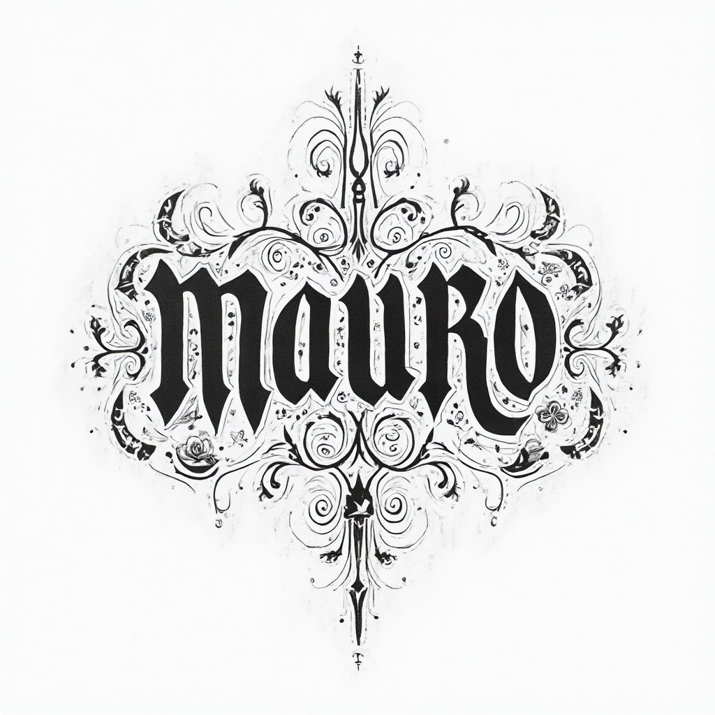 Ornamental tattoo concept of the name mauro in intricate flowing linework on white