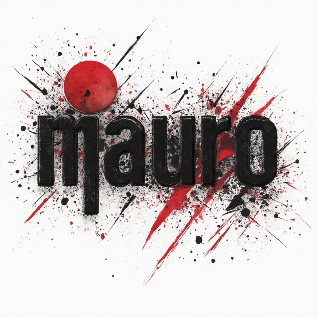 Trash Polka tattoo concept of the name mauro with bold black and red abstract graphics on white