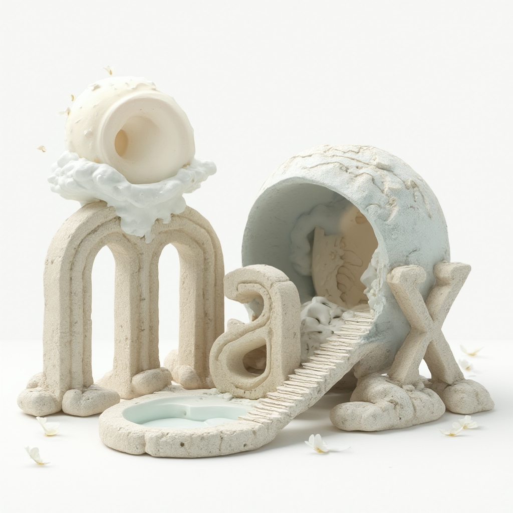 Surreal architectural and abstract objects forming the letters of max on a white background