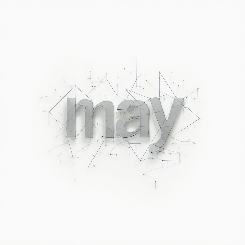 Geometric tattoo concept where the name may is hidden within fine lines, circles, and triangles on a white background.