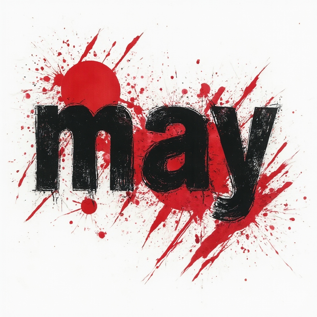 Trash Polka tattoo concept where the name may is built from fragmented black lettering, red shapes, and splatters on a white background.