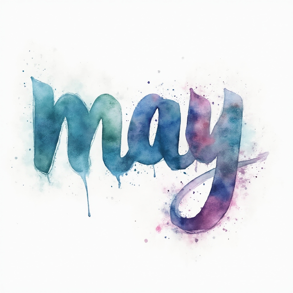 Watercolor tattoo concept where the name may is formed from flowing multicolor ink washes on a white background.