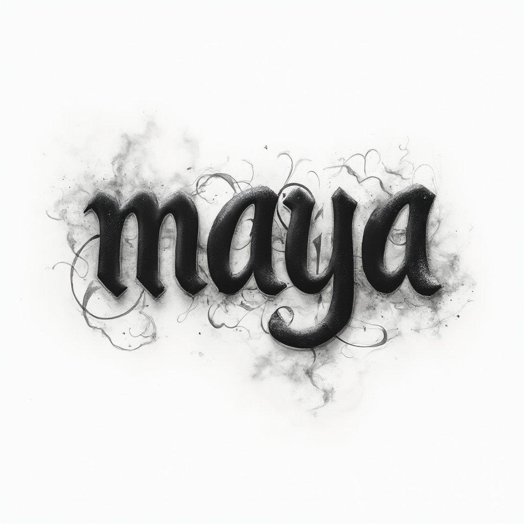 Dimensional black and gray tattoo design of the name maya with raised 3D lettering on white