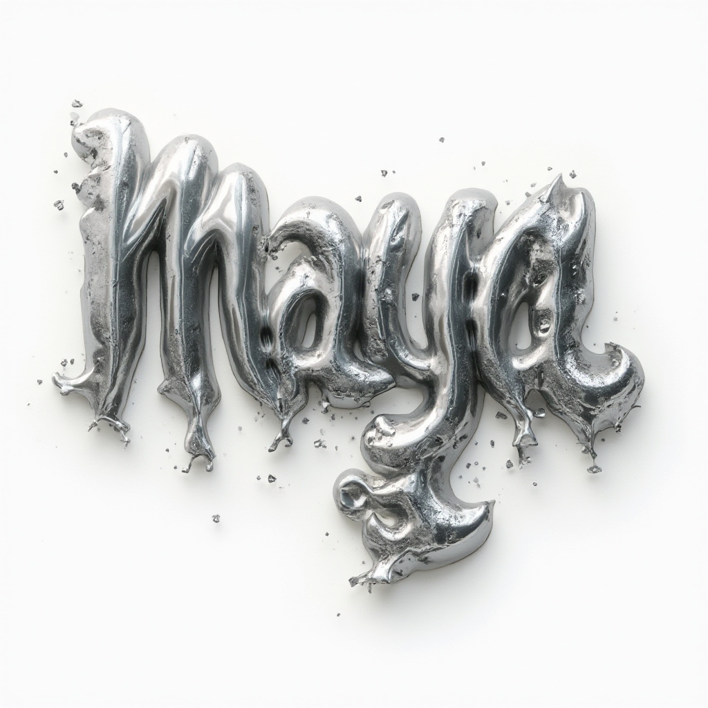 Surrealist tattoo design of the name maya as melting chrome letters on a white background
