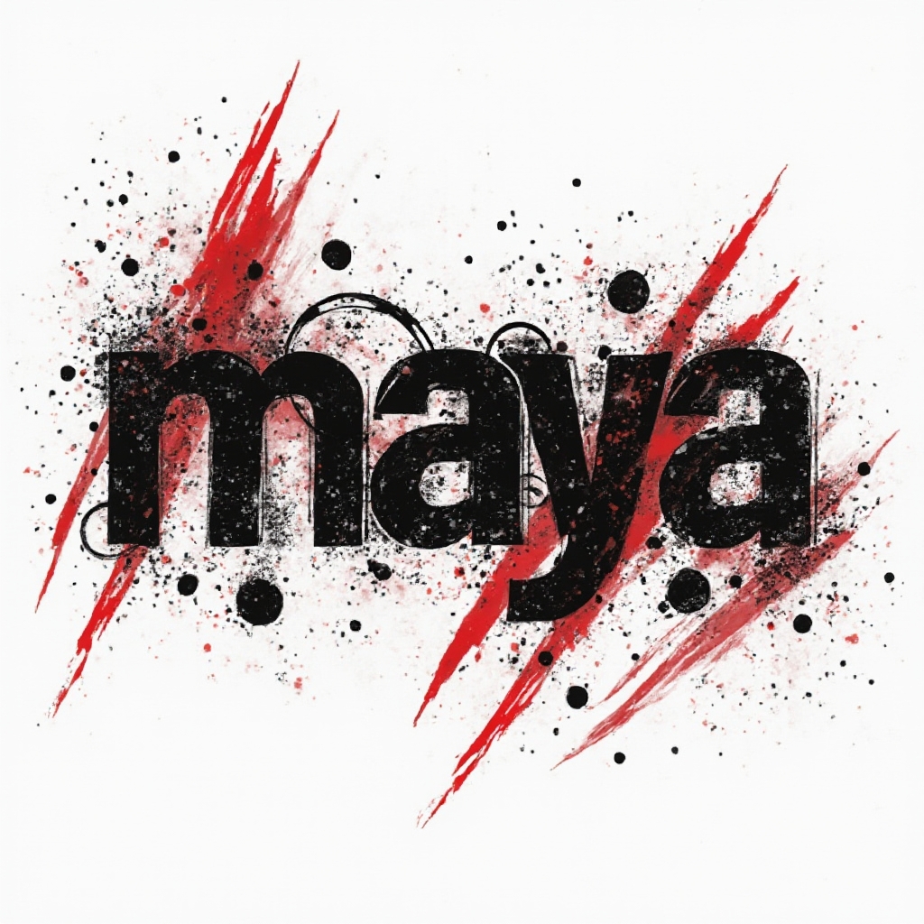 Trash Polka style tattoo art of the name maya with distressed black lettering and red splashes on white