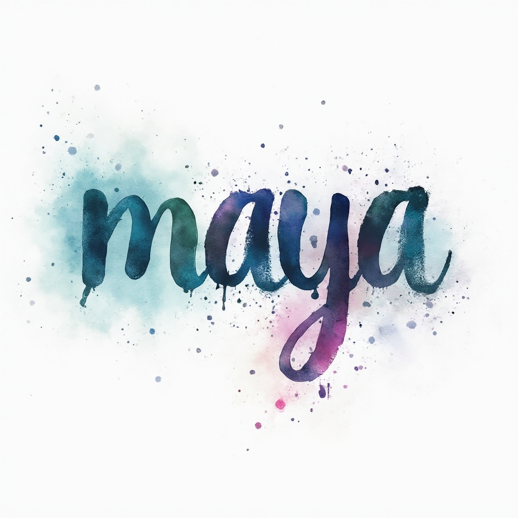 Watercolor style tattoo concept of the name maya formed by colorful flowing brushstroke letters on a white background