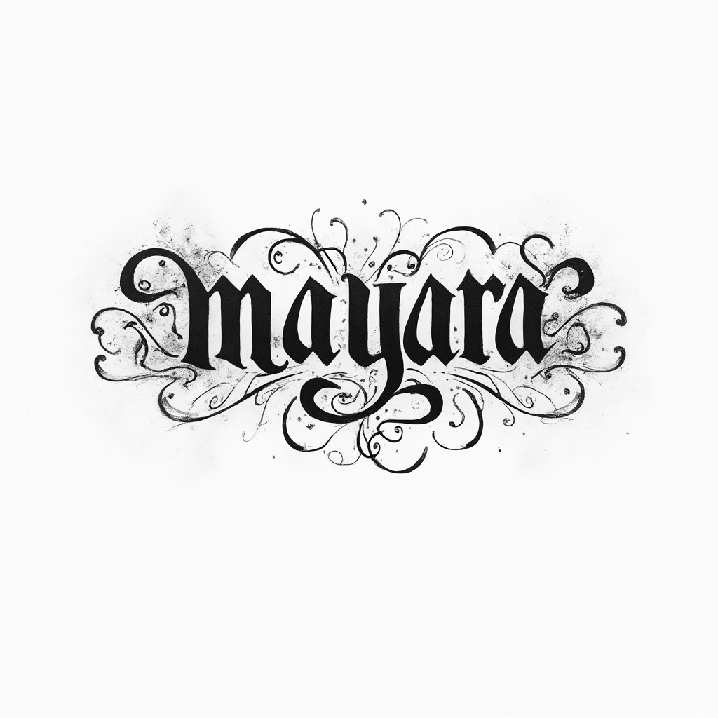 Ornamental tattoo emblem of the name mayara with flowing, stylized lettering on a white background.