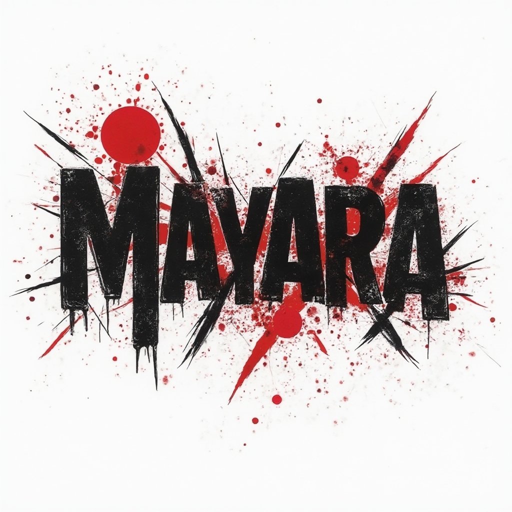 Trash Polka-style tattoo design of the name mayara with distressed black lettering and bold red splashes on white.