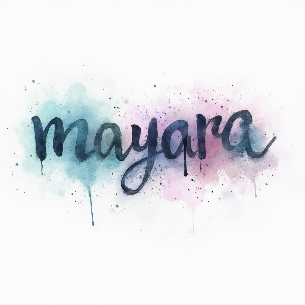 Watercolor-style tattoo concept of the name mayara with fluid, colorful brushstroke lettering on a white background.