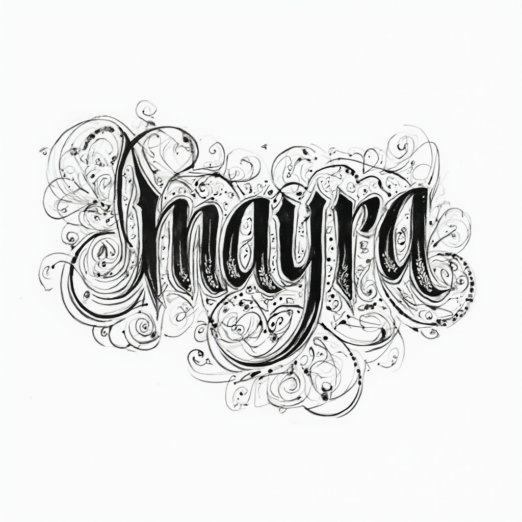 Intricate black ornamental linework forming the name mayra as an abstract emblem on white