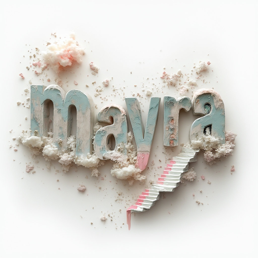 Surreal dreamlike word-form of mayra built from impossible shapes on a white background