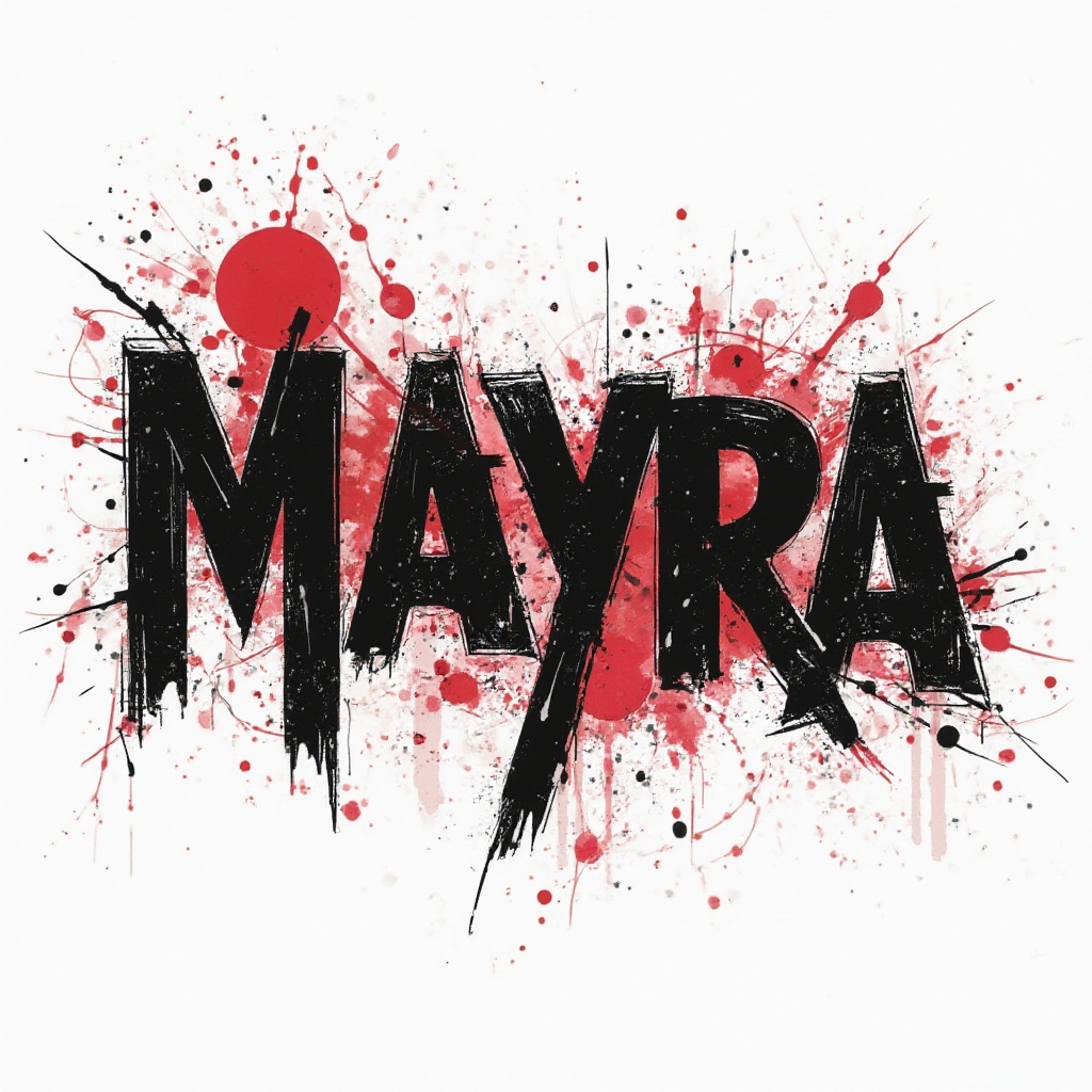 Bold black and red abstract lettering of mayra in a Trash Polka-inspired composition on white