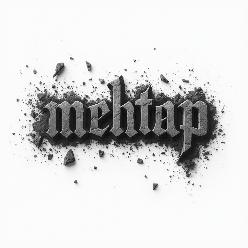 Monochrome tattoo concept where the name mehtap is rendered as bold, three-dimensional sculpted letters with precise shading on a white background.