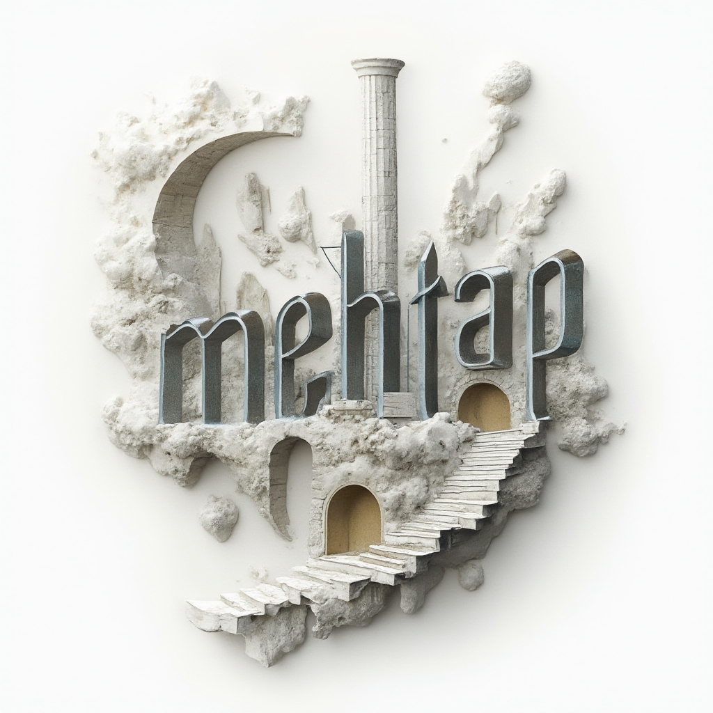 Surrealist tattoo concept where the letters of mehtap morph into floating, impossible architectural shapes on a white background.