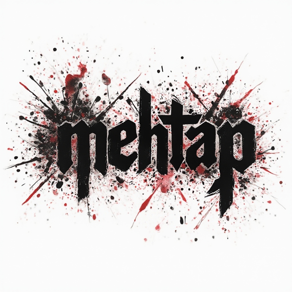 Trash Polka tattoo design with the name mehtap in bold, broken lettering fused with black and red splashes and geometric elements on white.