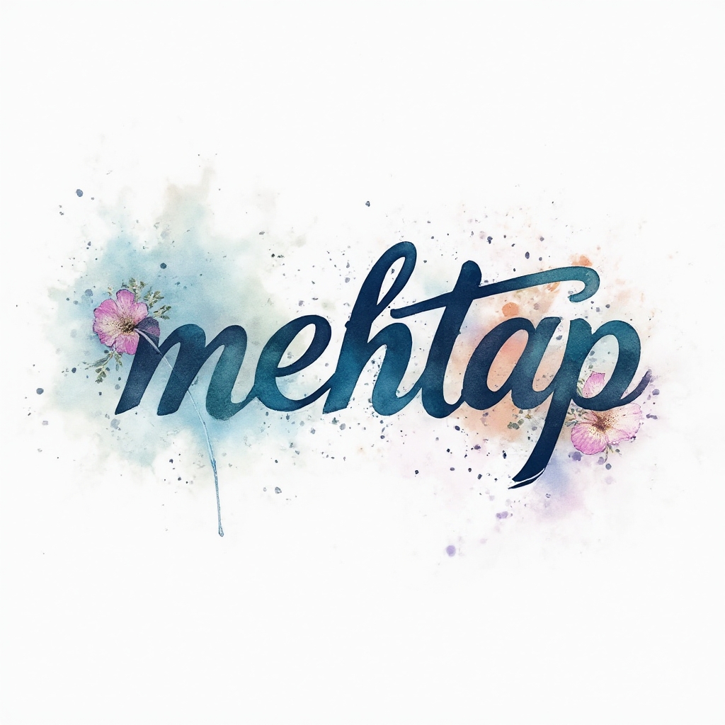 Watercolor-style tattoo concept where the name mehtap is painted as fluid calligraphic letters dissolving into colorful splashes on a white background.