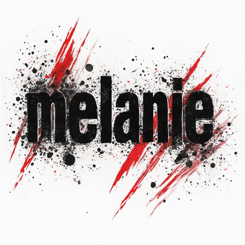 Trash Polka-inspired black and red tattoo design of the name melanie with splatters and halftone on a white background.