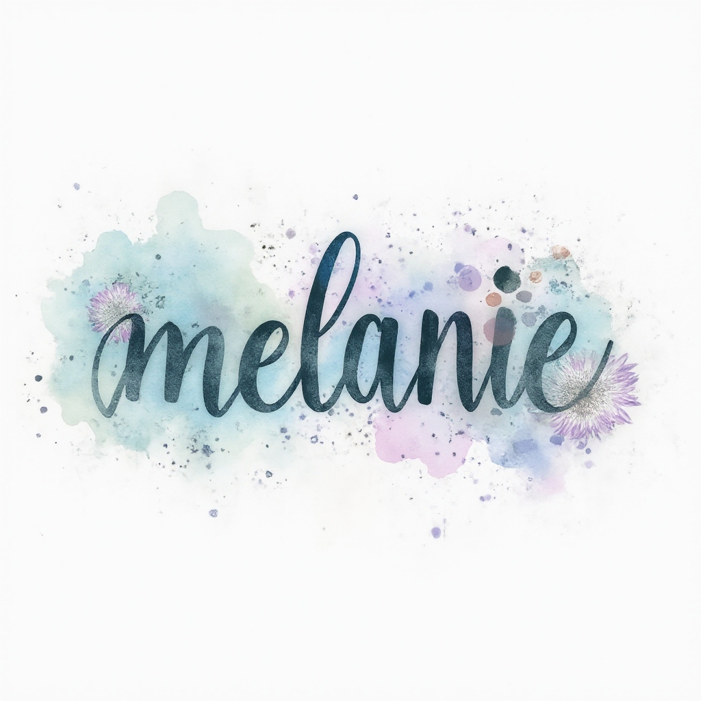 Watercolor-style tattoo concept of the name melanie in flowing pastel calligraphy on a white background.