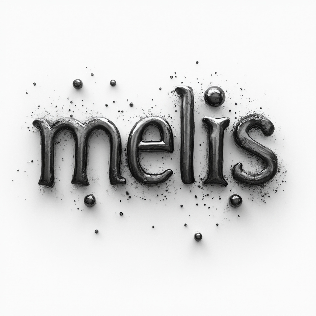 Surrealist tattoo design where the name melis appears as floating, melting metallic letters in a dreamlike style on white
