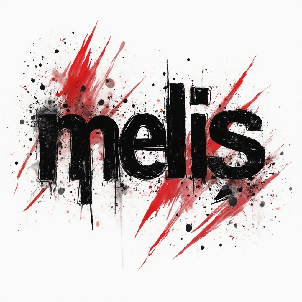 Trash Polka style tattoo concept where the name melis is formed from distressed black and red graphic lettering on white
