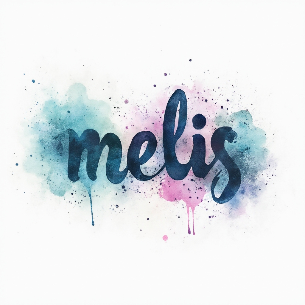 Watercolor-style tattoo design where the name melis is formed by fluid colorful brushstrokes on a white background