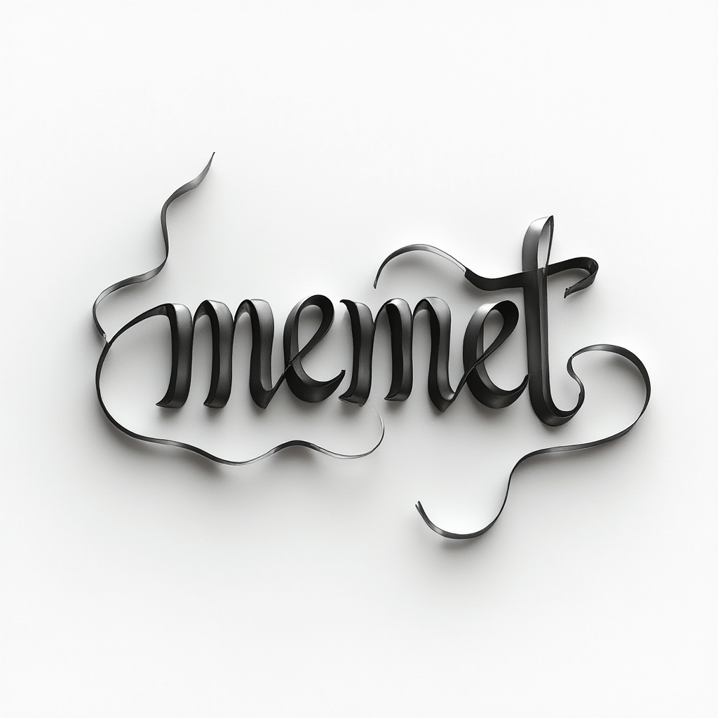 Dimensional flowing ribbon tattoo concept forming the name memet on a white background