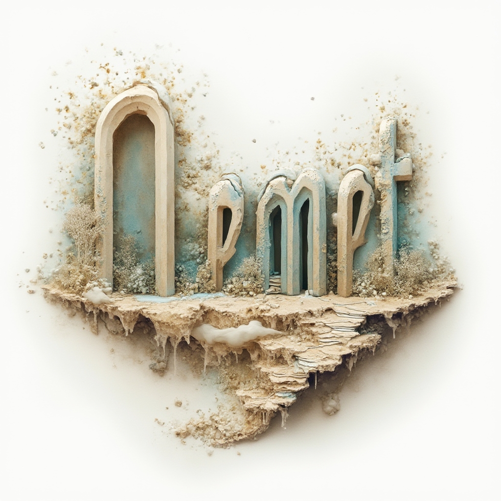 Surreal tattoo concept of the name memet formed by dreamlike architectural letters on white background