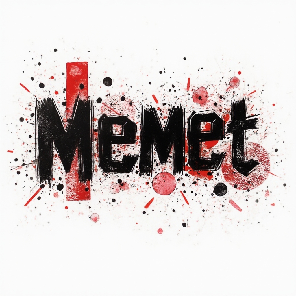 Trash Polka tattoo concept of the name memet in black and red graphic collage style on white background