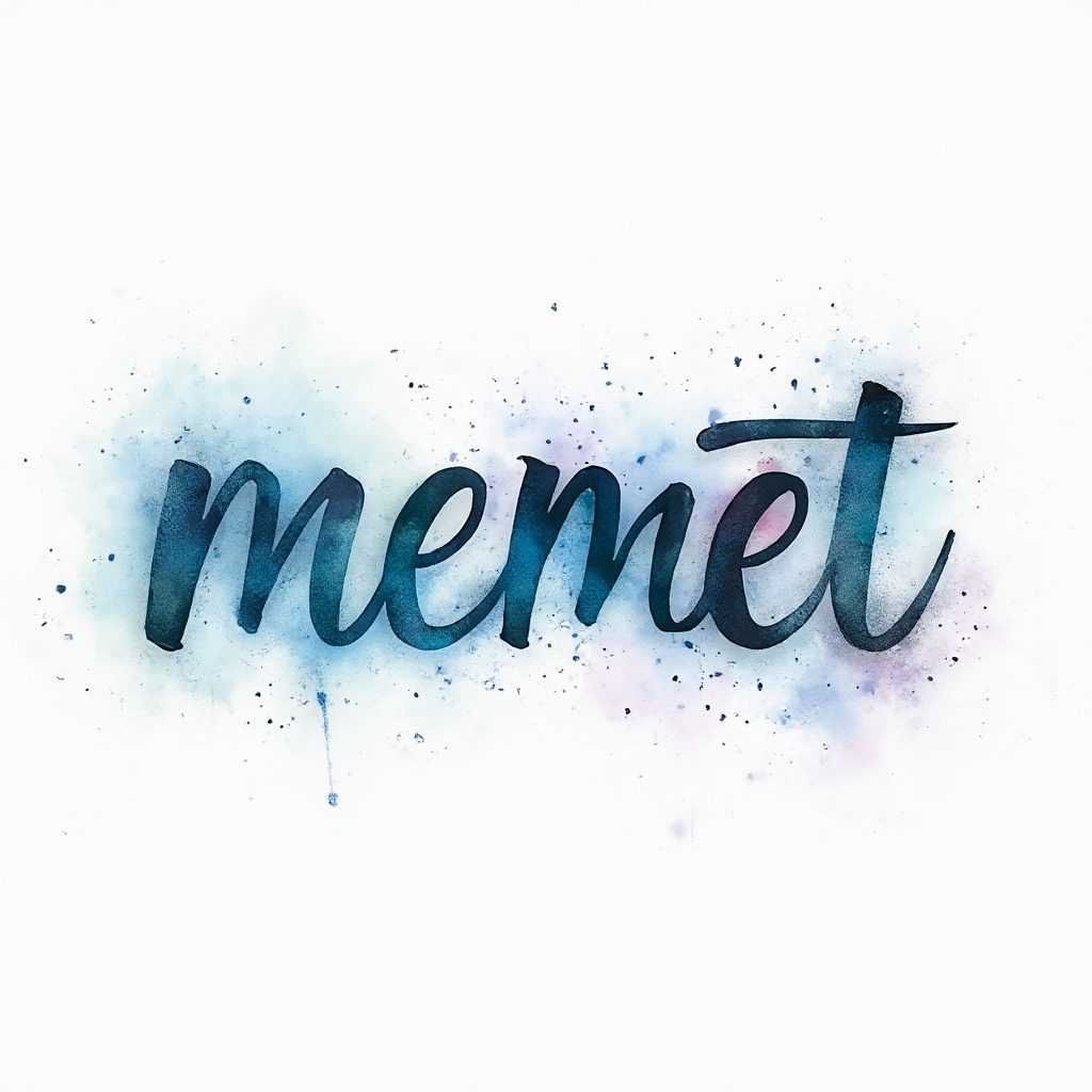 Watercolor tattoo concept of the name memet in flowing multicolor ink on a white background