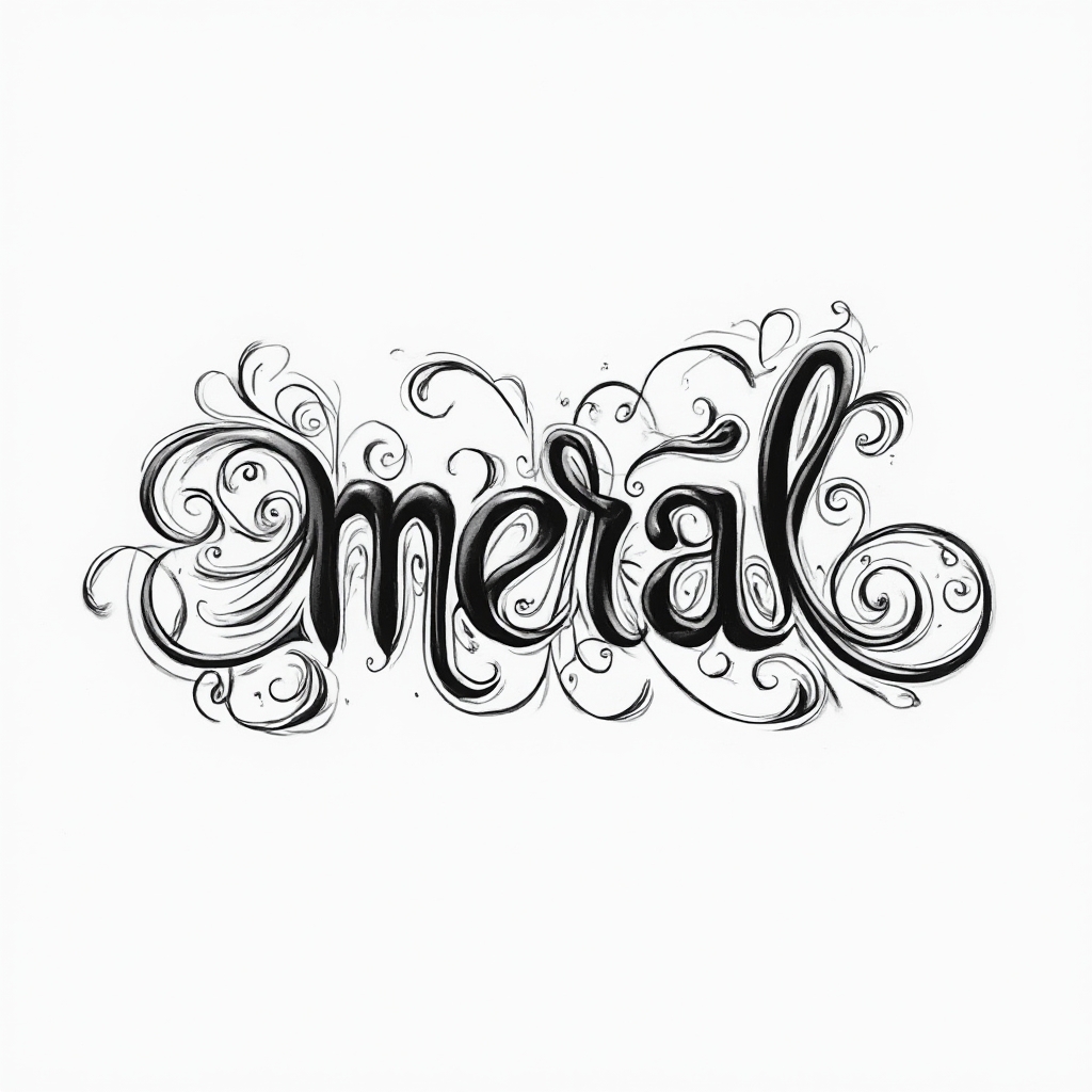 Ornamental black-ink tattoo concept where the name meral is made from flowing, filigree-like strokes on a white background.