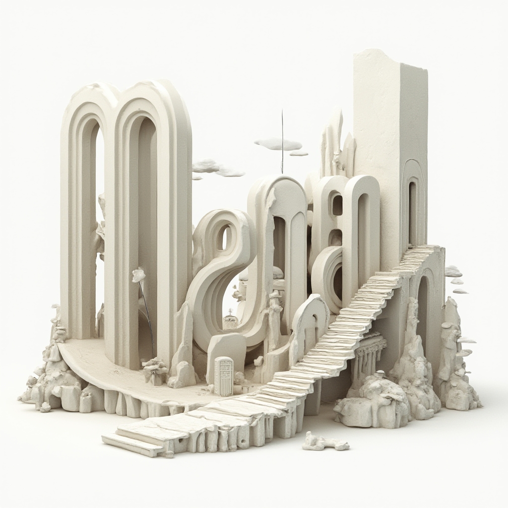 Surrealist tattoo concept where the name meral is built from impossible architectural letters and floating dreamlike forms on a white background.