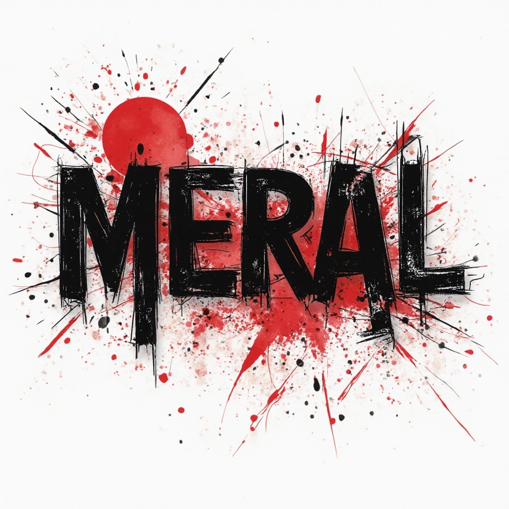 Trash Polka tattoo concept where the name meral is built from distressed black lettering, red splashes, and graphic shards on a white background.