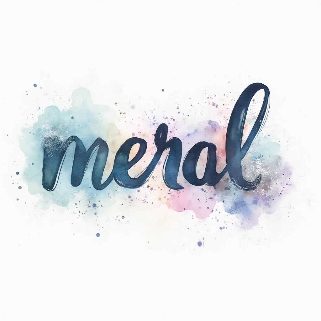 Watercolor tattoo concept where the name meral is painted as soft, flowing, multicolor watercolor lettering on a white background.