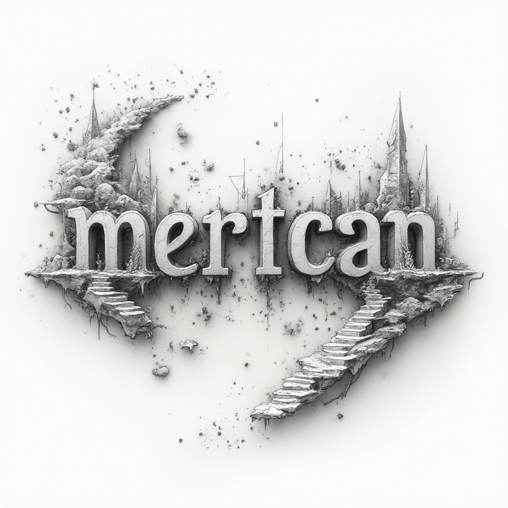 Surreal dreamscape tattoo where the name mertcan is made from impossible architectural shapes on a white background