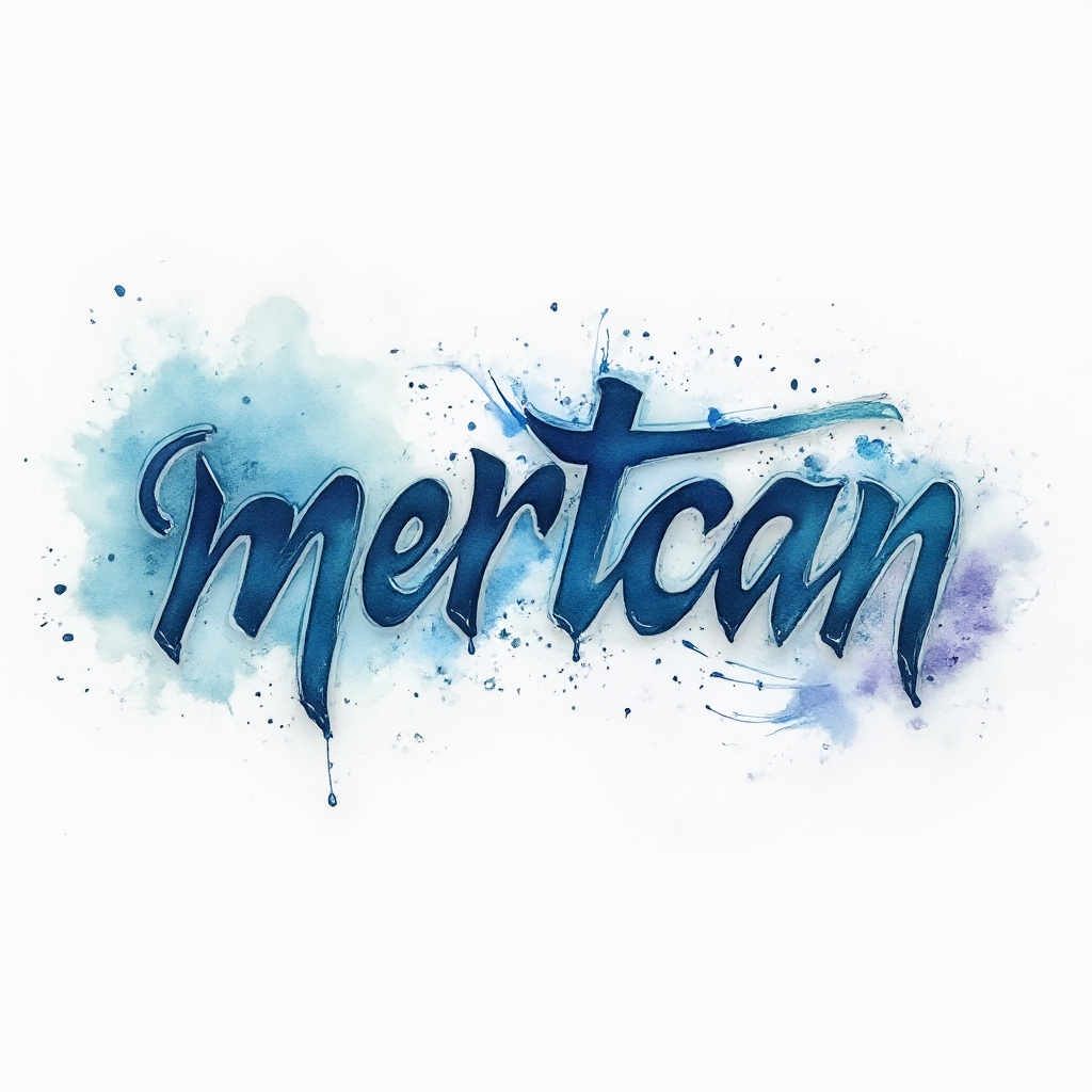 Watercolor ink splash tattoo concept where the name mertcan is formed by colorful flowing letters on a white background