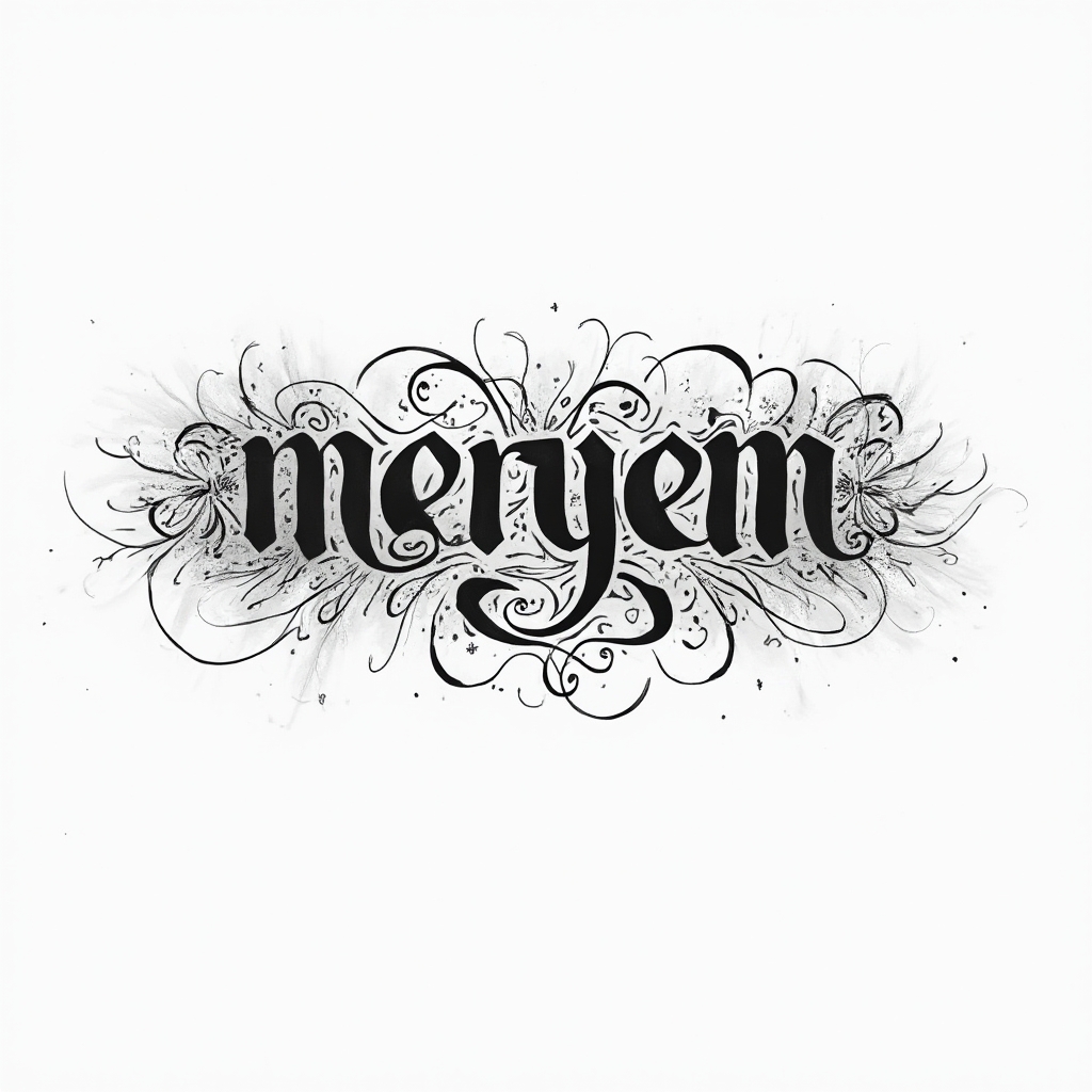 Abstract ornamental linework tattoo concept forming the name meryem from interlocking black curves on white.