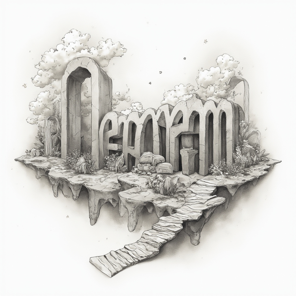 Surreal dreamscape tattoo design forming the name meryem from floating architectural and abstract elements on white.