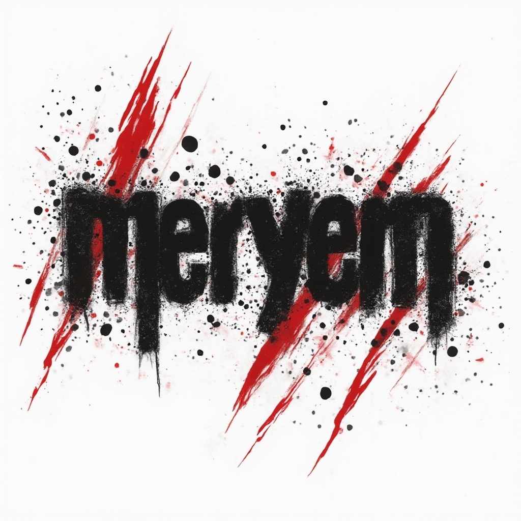 Trash Polka style tattoo concept of the name meryem with bold black strokes and red splashes on a white background.