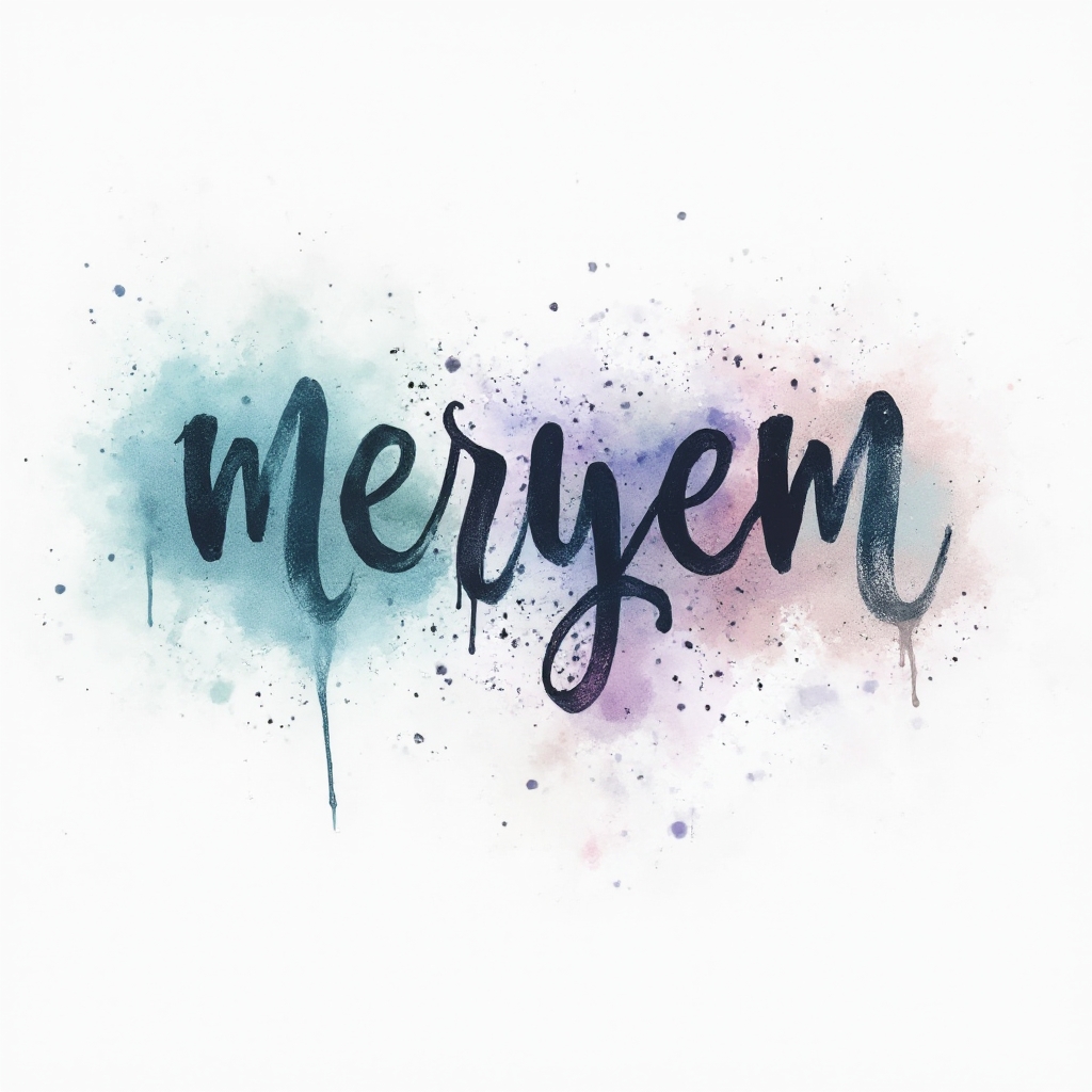 Watercolor splash tattoo concept of the name meryem in flowing calligraphic lettering on a white background.