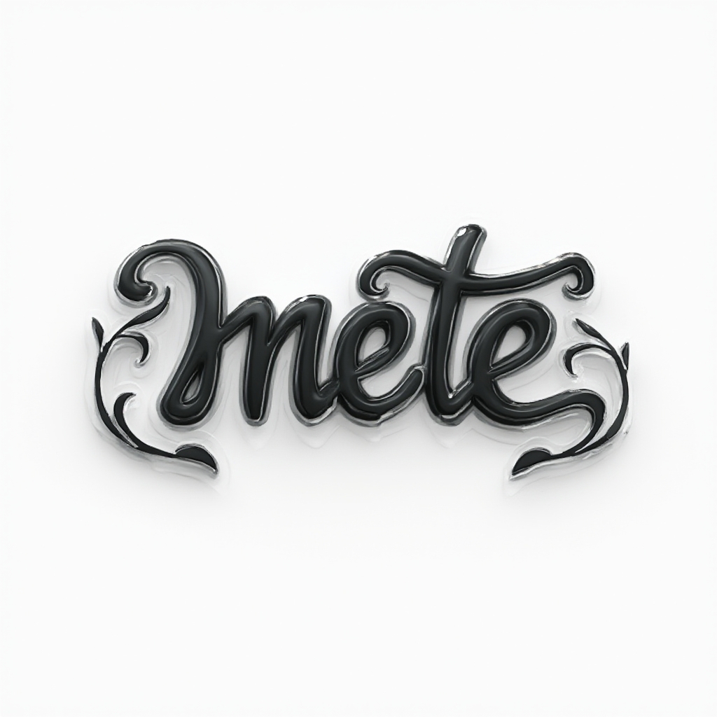 Dimensional flowing tattoo emblem where the name mete is built from bold curved shapes with depth on a white background.