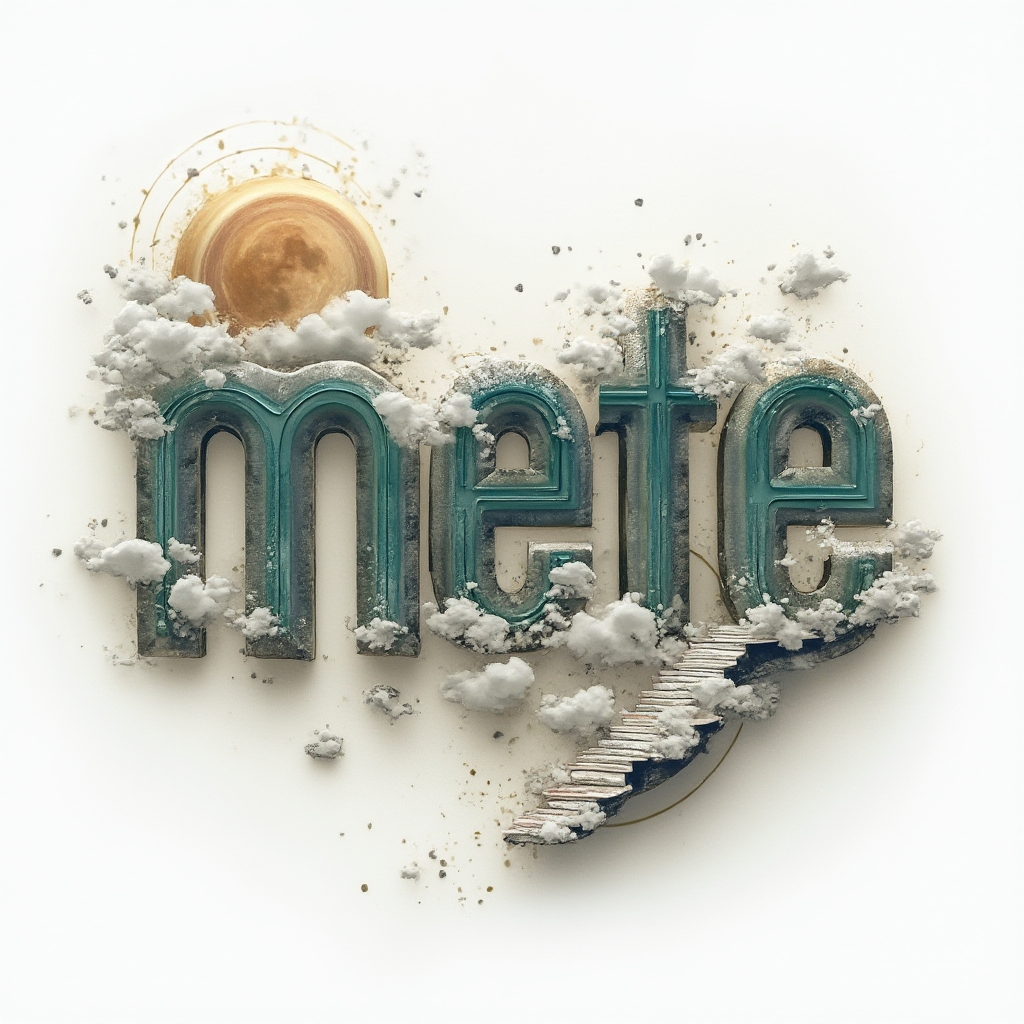 Surreal tattoo design where the name mete becomes melting stone arches and floating ribbons in a dreamlike composition on white.