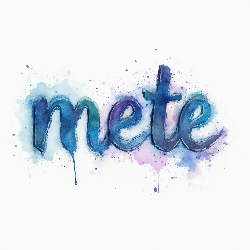 Watercolor splash tattoo concept where the name mete is formed by fluid colorful brushstrokes on a white background.
